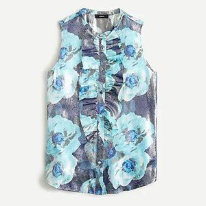 J. Crew Ruffle Metallic Blue Floral Top, US XXS